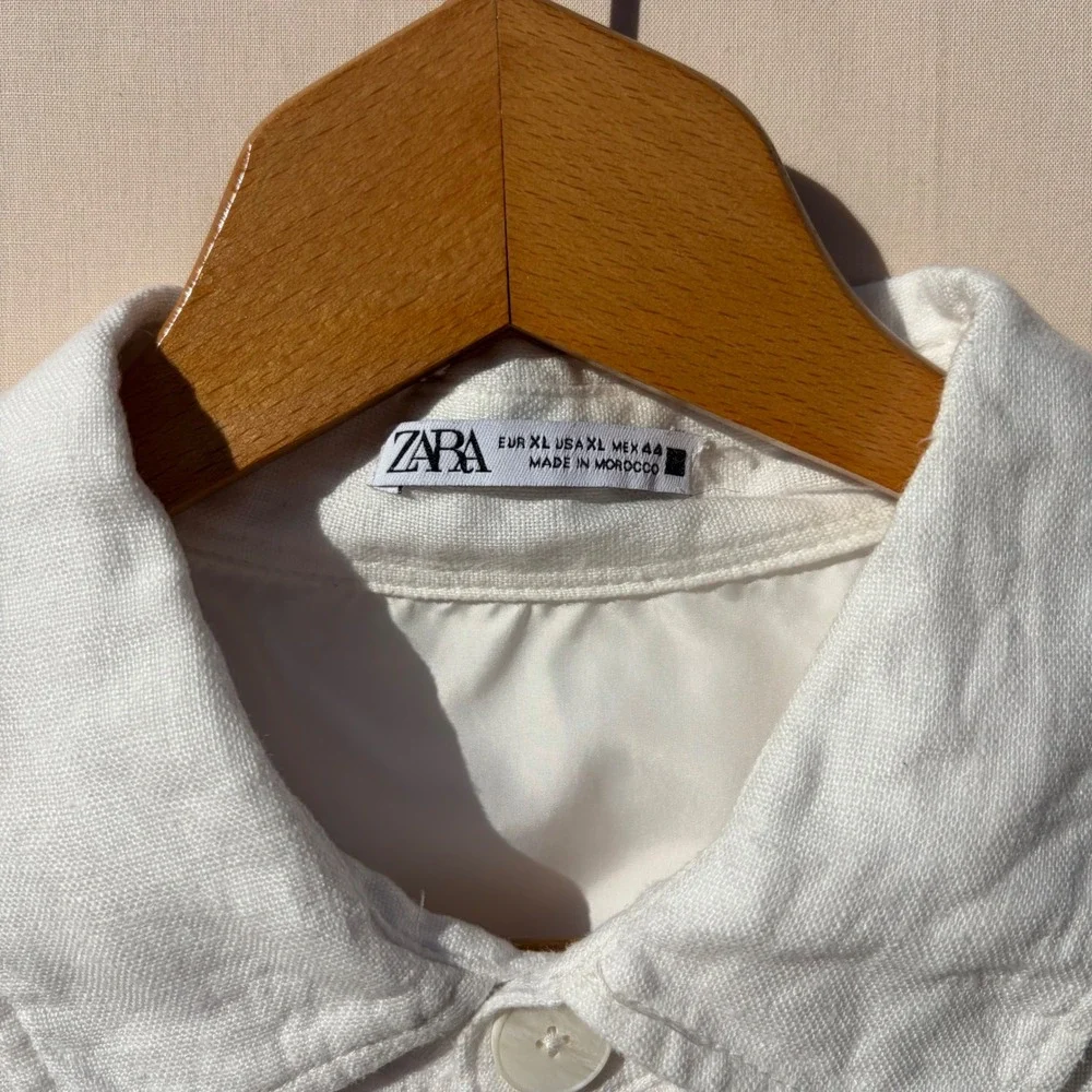 Zara‎ White 100% Linen Utility Jacket Womens XL Button Front Lined Workwear Coat
